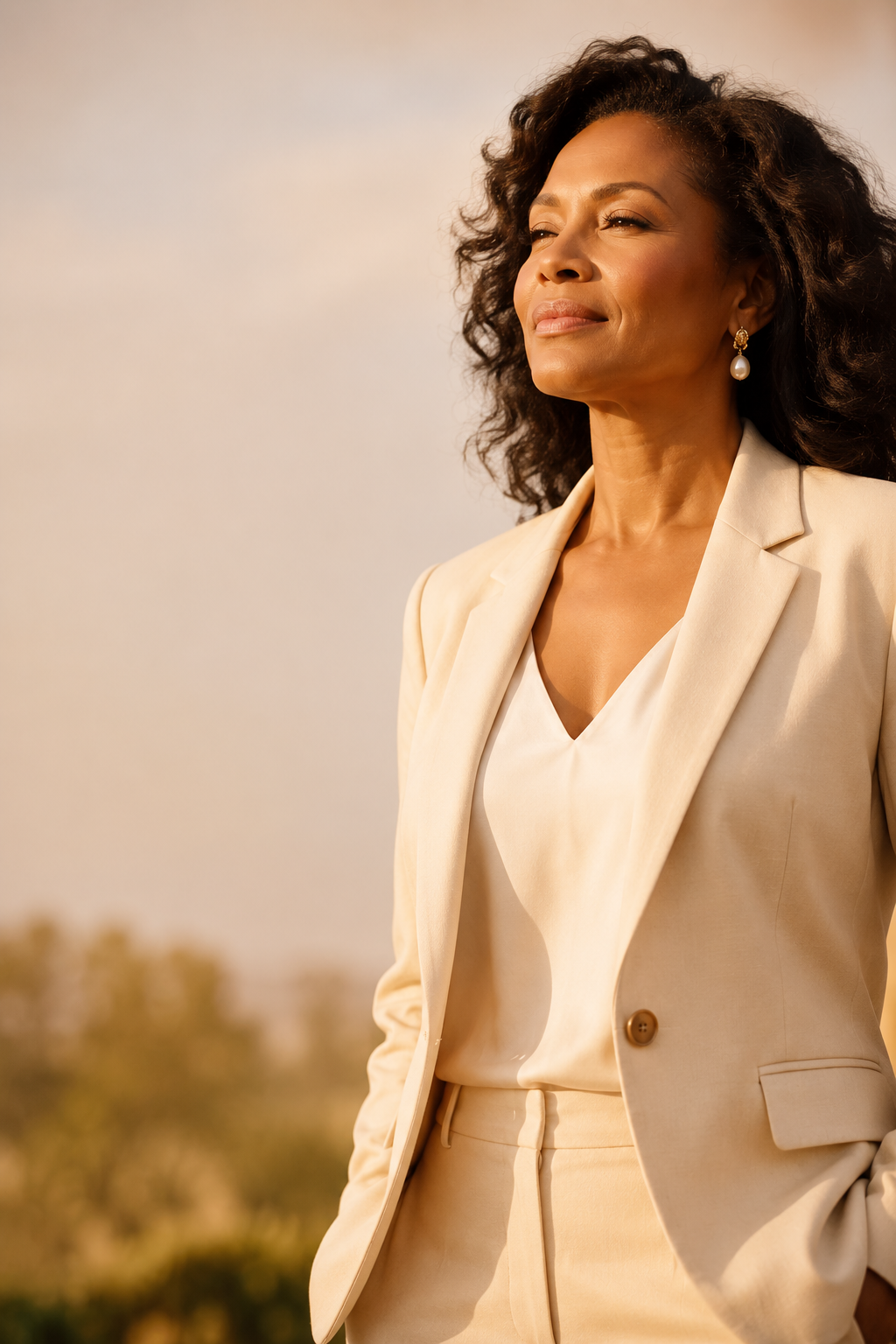A woman walking confidently in golden light